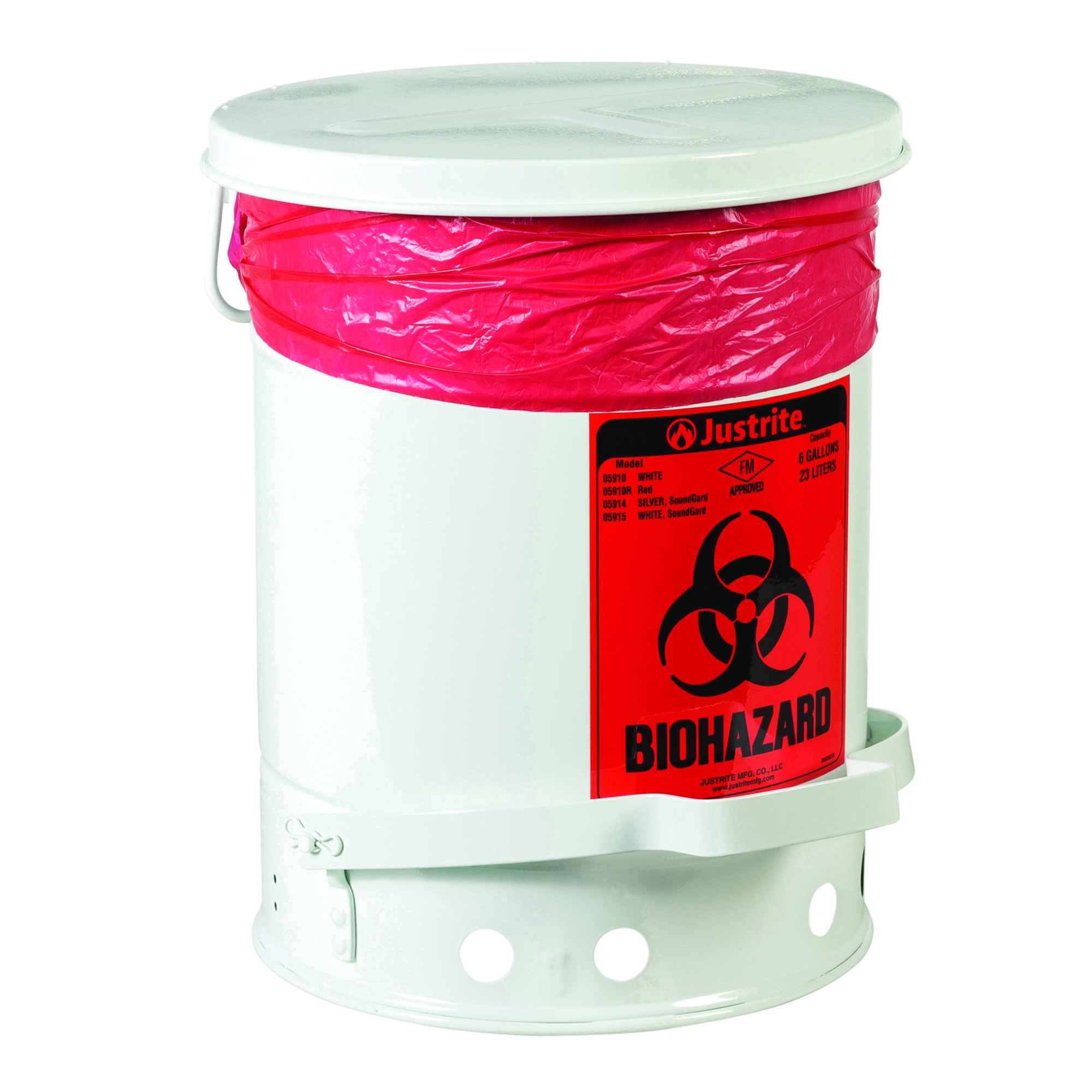 Justrite Steel Biohazard Waste Can — 6 Gallon, Foot-Operated, Self-Closing, White, Model# 05910